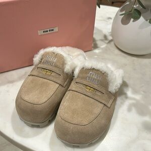 Miu Miu Chestnut Suede Fur Penny Mules Slides Slippers NEW size 7